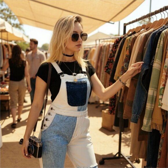 Momokrom Patchwork Two-Tone Denim Overalls W/ Frayed Seams – Size 4 NWT - Picture 5 of 9